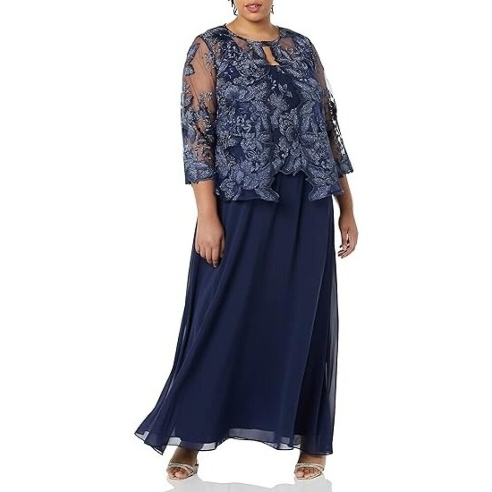 Alex Evenings Plus Size Embroidered Floral Navy Blue 2 piece Dress Size 18W - Picture 1 of 8